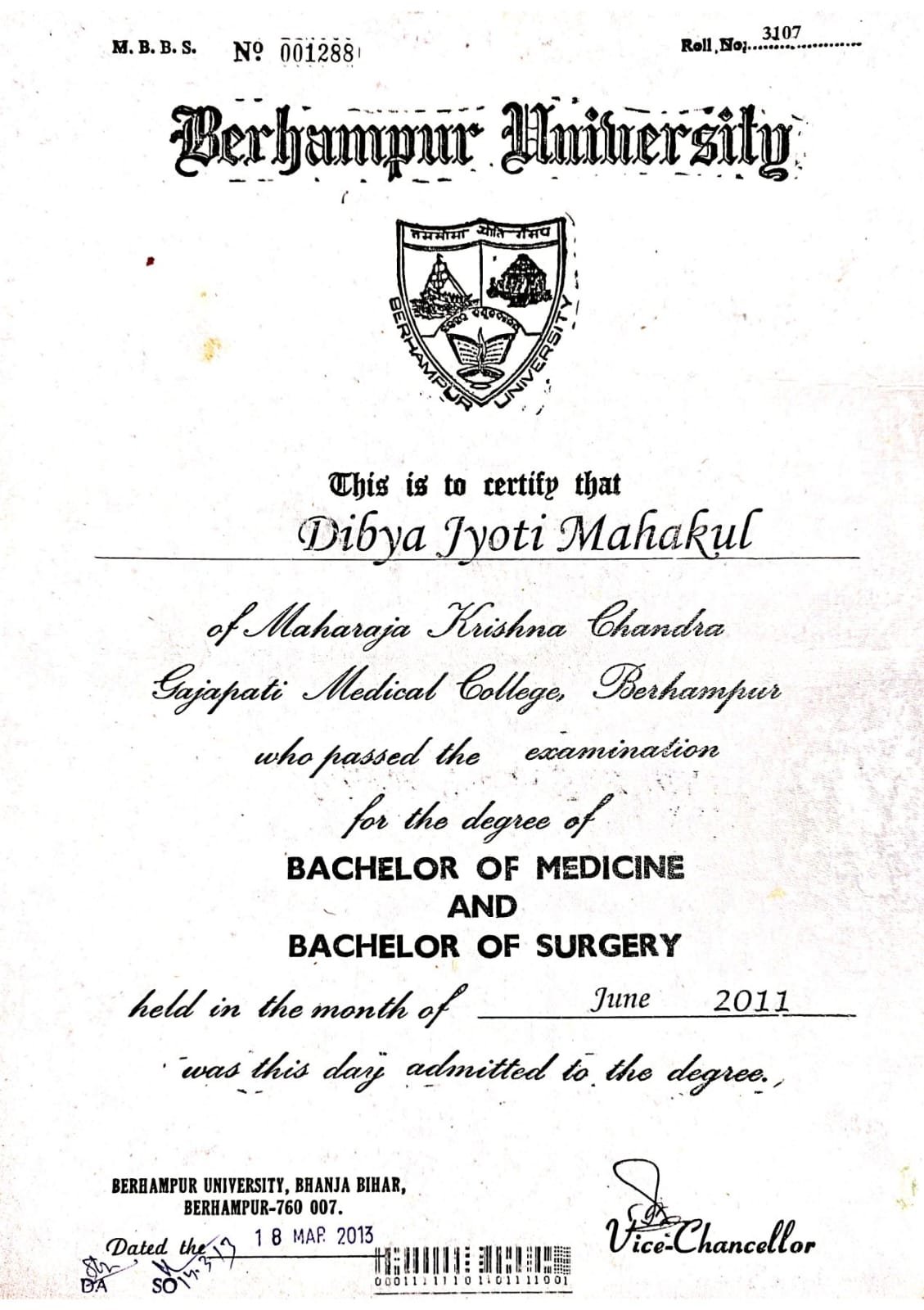 Dr. Dibya Jyoti Mahakul achievement